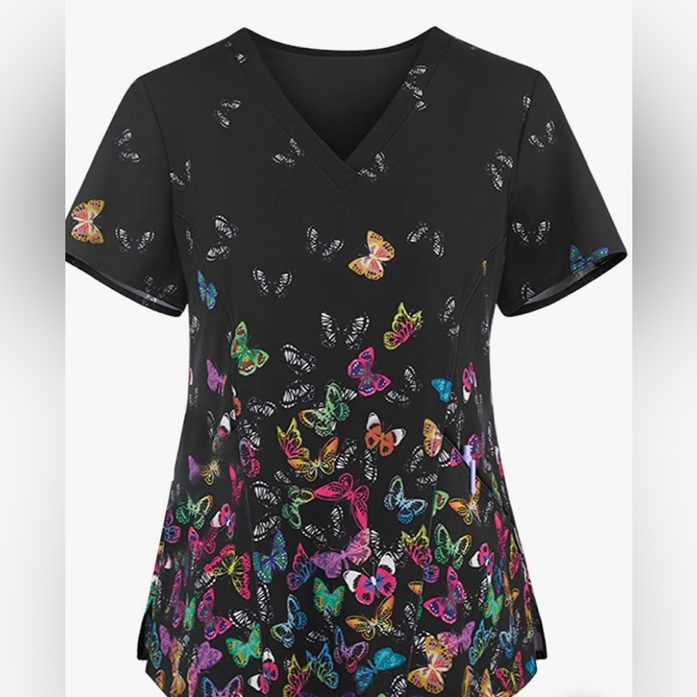 Beautiful V Neck Butterfly Scrub Top NWOT.